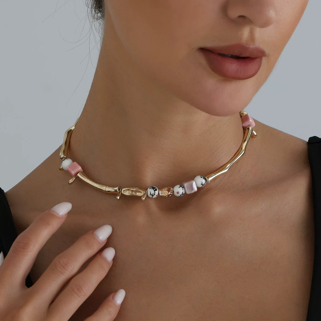 Sculptural Organic Branch Metal Elbow joint Chain Necklace Ink Color Ceramic Square Splicing Minimalist Elegance Light Luxury Clavicle Chain