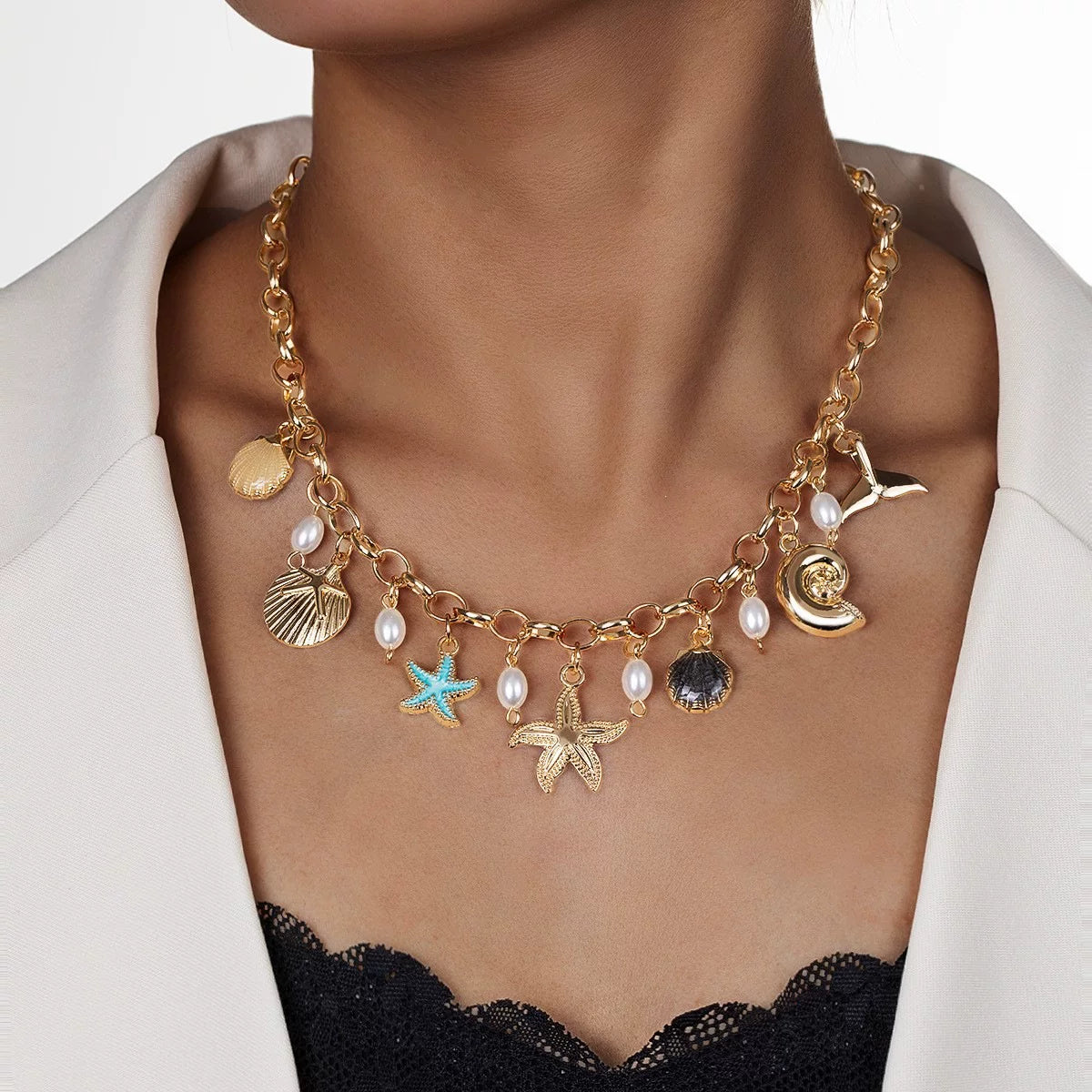 Ocean Starfish Pearl Shell Earrings Necklace Set | Alloy | Summer Beach Vacation Coastal | Holiday Fashion Women