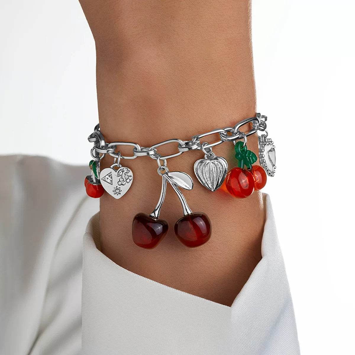 Mixed Elements Cherry Heart multi Pendant Bracelet Necklace Set | Alloy mix pearl | Raw Dopamine| Multi-material | Versatile Women