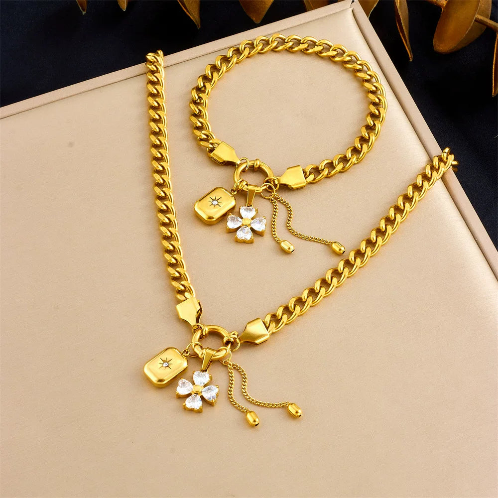 Diamond Flower Mango Star Square Pendant Fringe Chain Jewelry Set | Stainless Steel | Sweet Cool Niche | Fashion Women