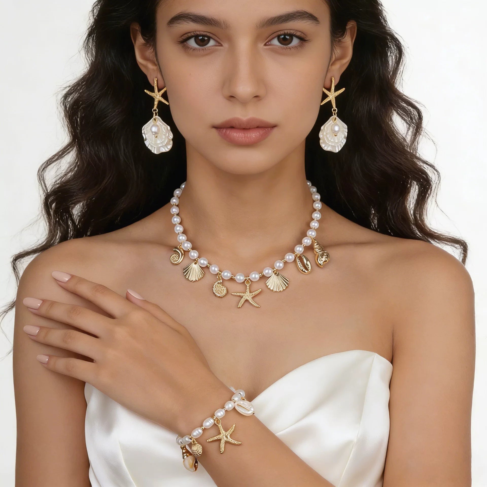 Ocean Starfish Pearl Shell Earrings Necklace Set | Alloy | Summer Beach Vacation Coastal | Holiday Fashion Women