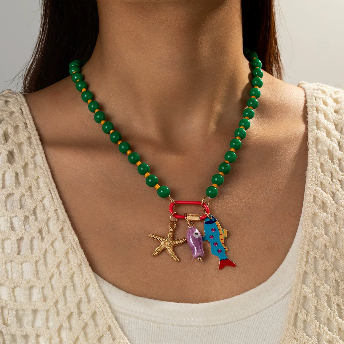 Vibrant Enamel Layered Marine life Multi Pendant Beaded Layered Ocean Necklace | Colorful Mixed tone zinc Alloy | Retro Niche Light Luxury| Collarbone Stackable Chain French chic Raw Dopamine | Gift for her
