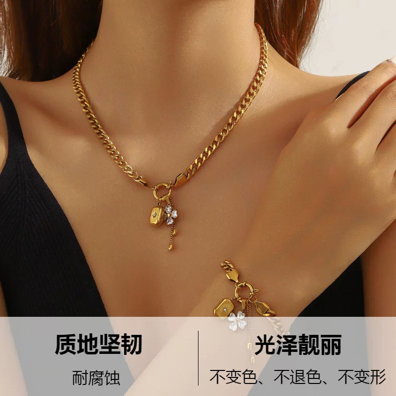 Diamond Flower Mango Star Square Pendant Fringe Chain Jewelry Set | Stainless Steel | Sweet Cool Niche | Fashion Women