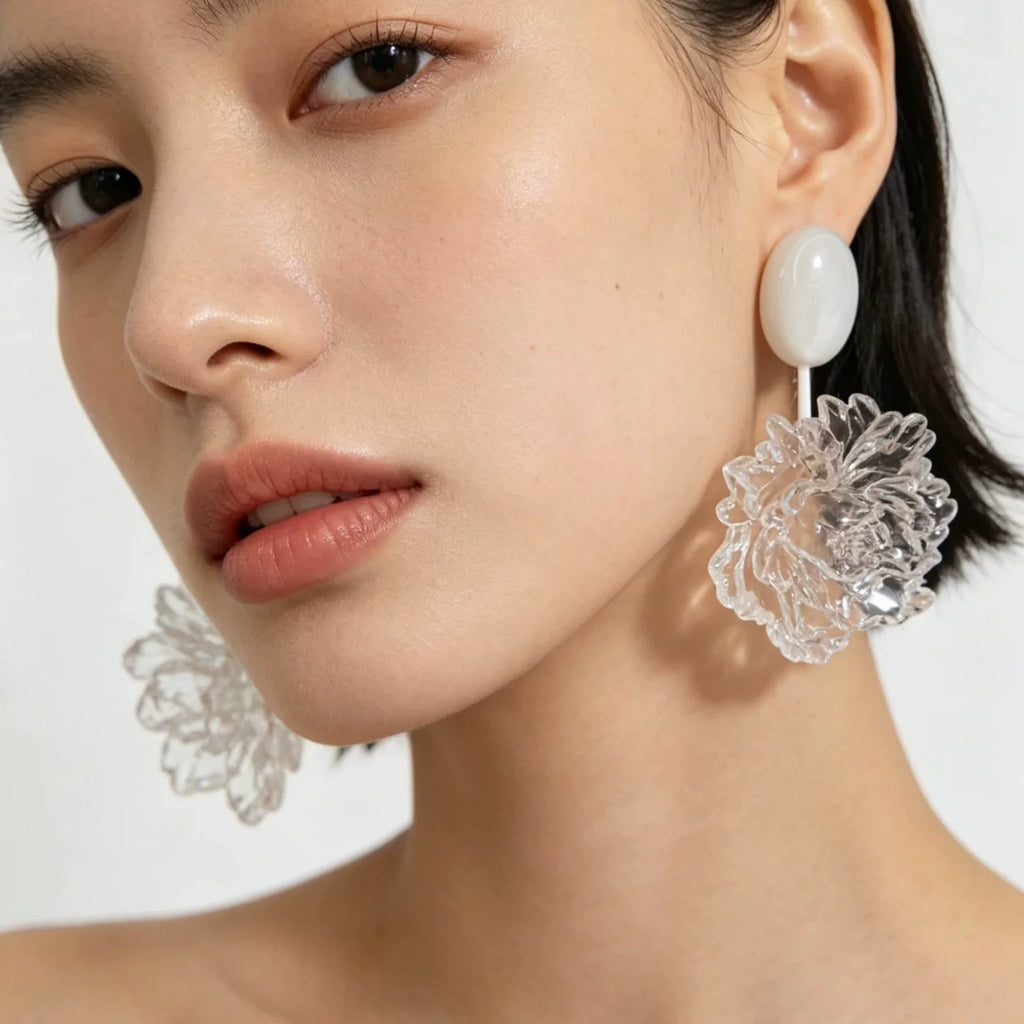 Ice clear Camellia Earrings Three-dimensional Resin Waterproof Flower Earrings Premium Silver Needle Earrings Light Luxury Daily wear statement Vacation