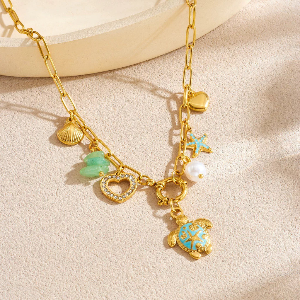 Ocean Enamel Turtle Starfish Scallop Pendant Necklace | 18K Gold Stainless Steel Waterproof tarnish free | Coastal Beach vacation Holiday | Effortless style  French chic