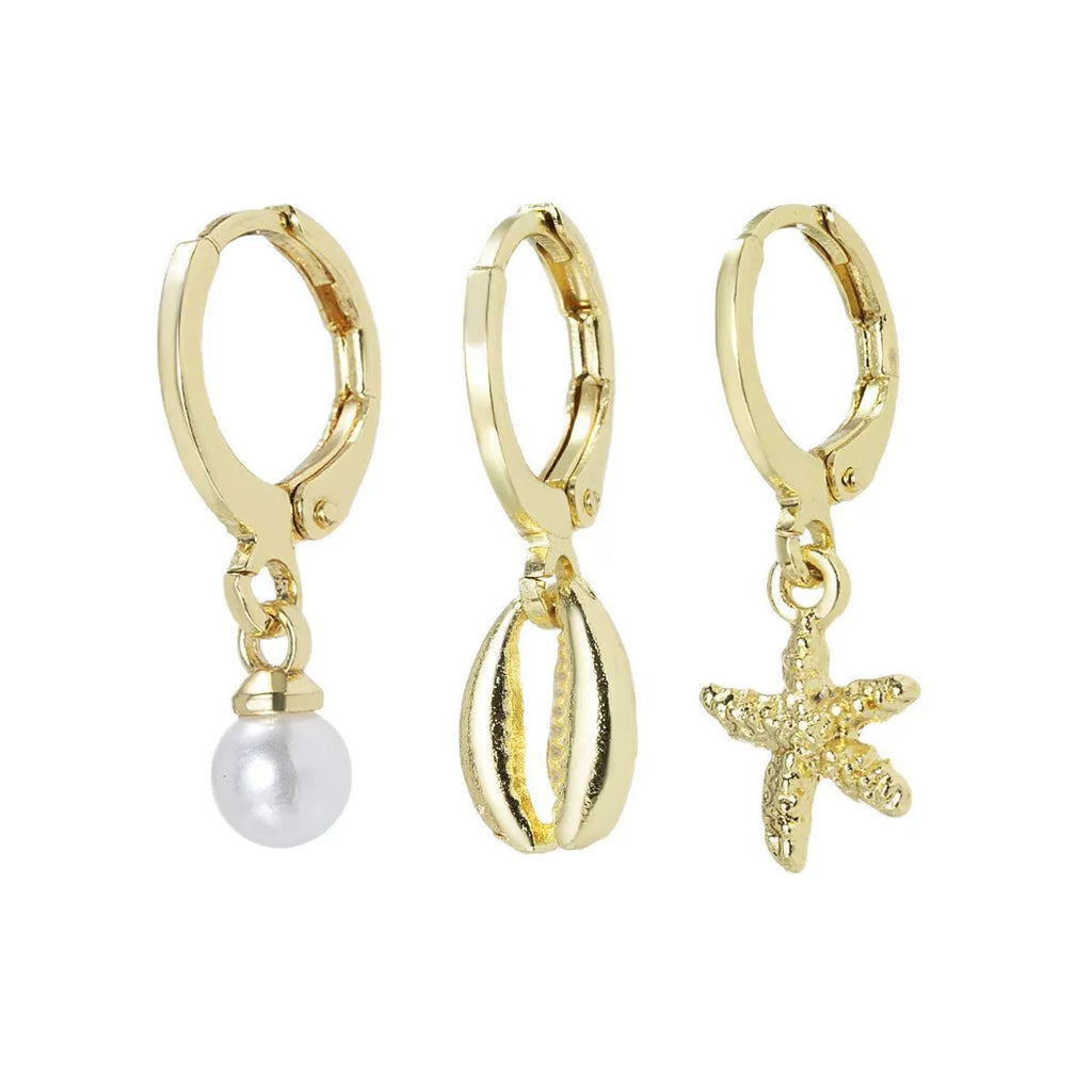 Ocean Pearl Starfish Shell Earrings Multi-piece Set | Alloy Silver Needle | Coastal Holiday Vacation | Beach Fashion Women