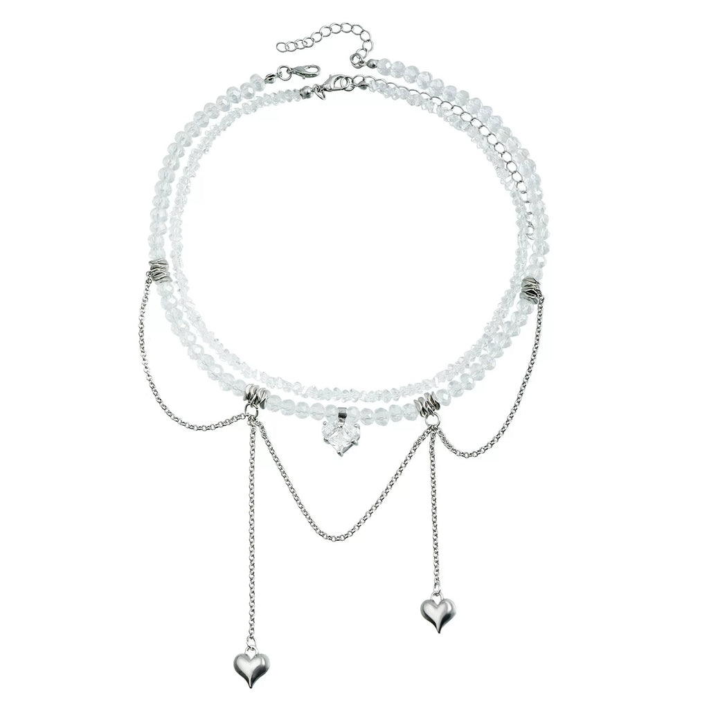 Mixed Elements metal heart pendant Zircon CZ Double Chain Tassel Necklace | Gold Alloy | INS Light Luxury Premium Multi-material | Collarbone Chain Women