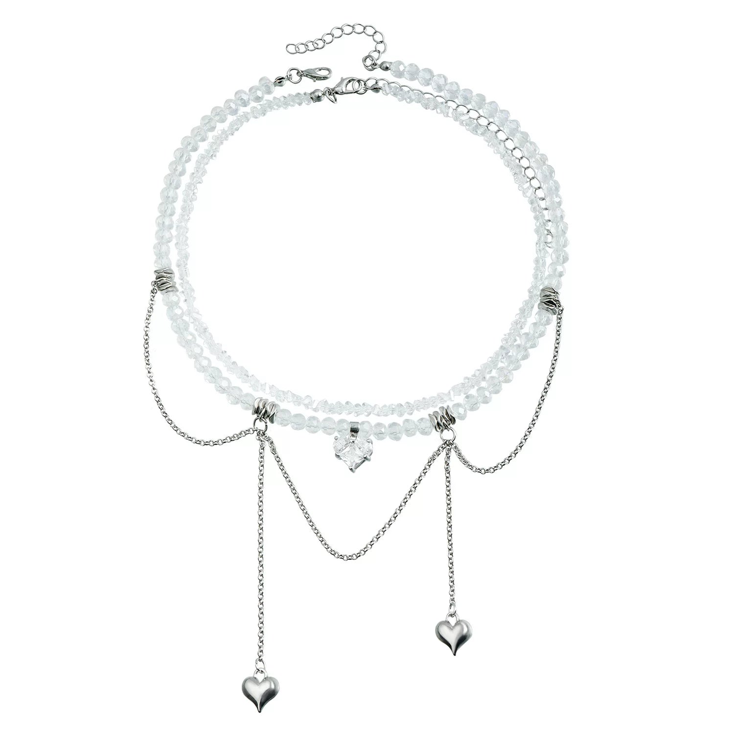 Mixed Elements metal heart pendant Zircon CZ Double Chain Tassel Necklace | Gold Alloy | INS Light Luxury Premium Multi-material | Collarbone Chain Women