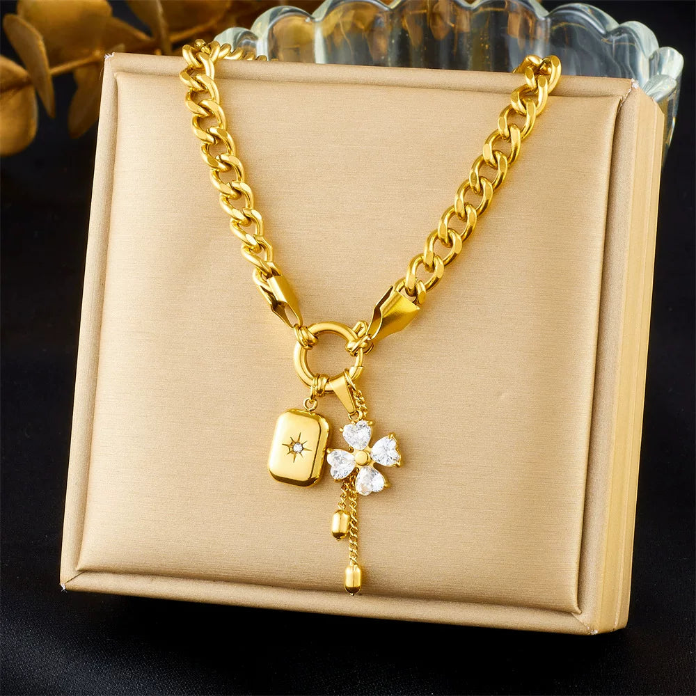 Diamond Flower Mango Star Square Pendant Fringe Chain Jewelry Set | Stainless Steel | Sweet Cool Niche | Fashion Women