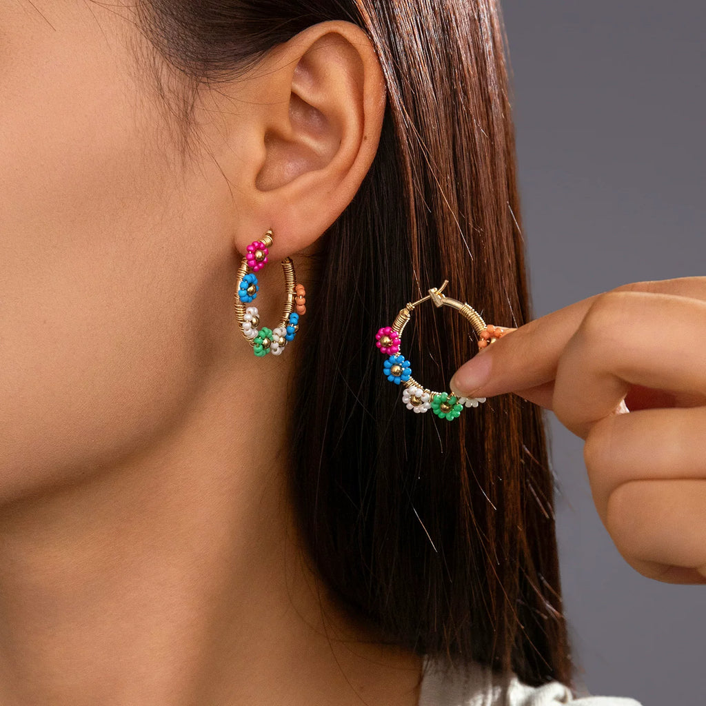 Raw Dopamine Rice Bead Flower Alloy Earrings | Colorful | Y2K Maximalist Holiday Party | Daily Commute Fashion Women