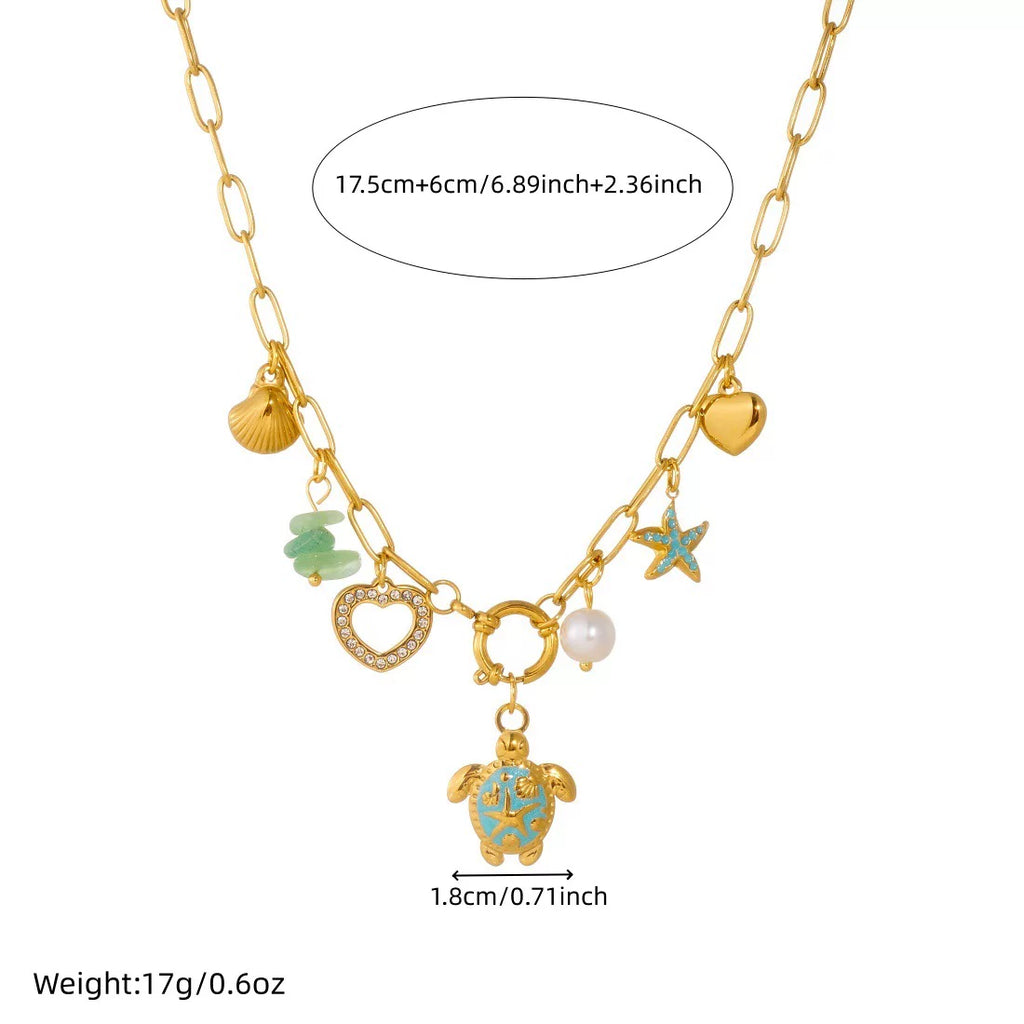 Ocean Enamel Turtle Starfish Scallop Pendant Necklace | 18K Gold Stainless Steel Waterproof tarnish free | Coastal Beach vacation Holiday | Effortless style  French chic