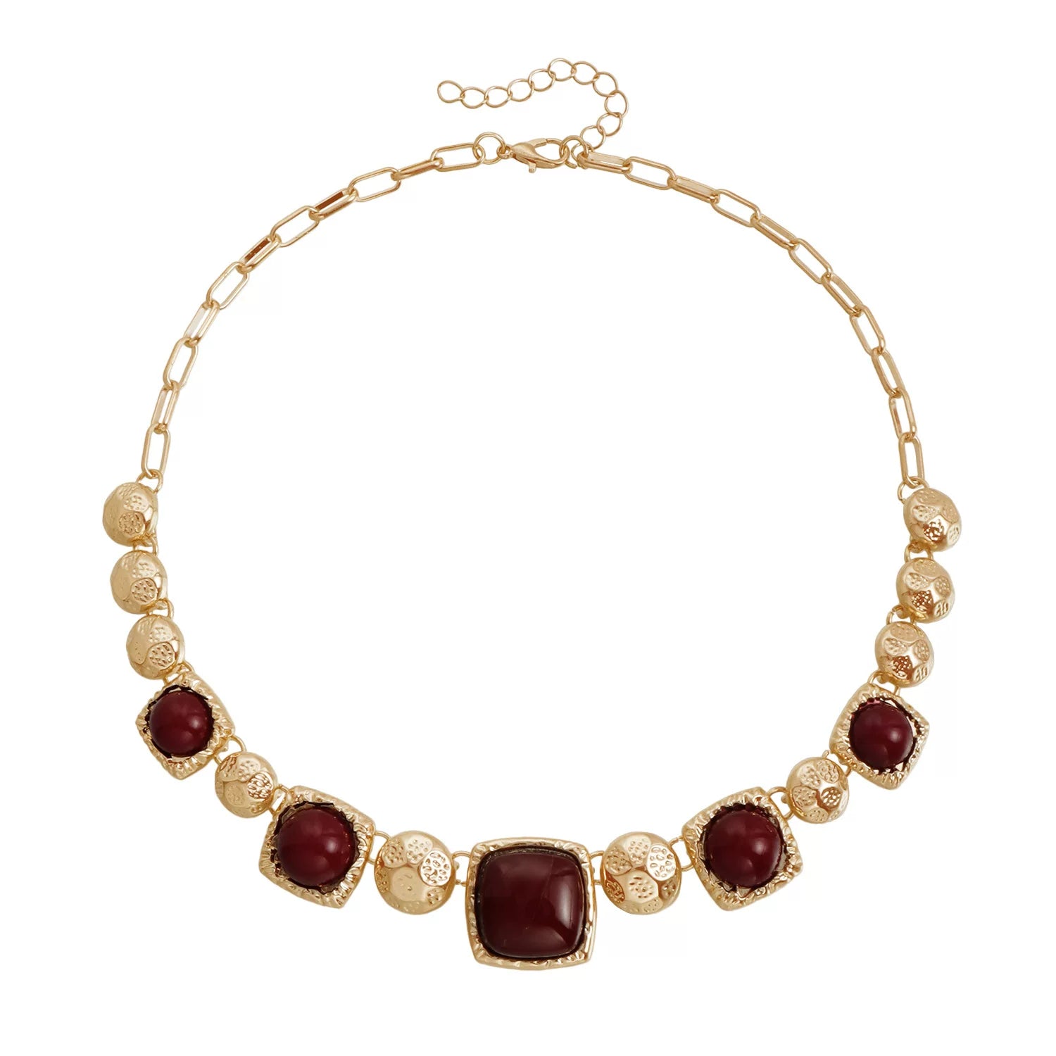Medieval vintage dark hue bump gold metal multi element polished gold metal faceted colored gemstone geometric square panel necklace light luxury collarbone chain
