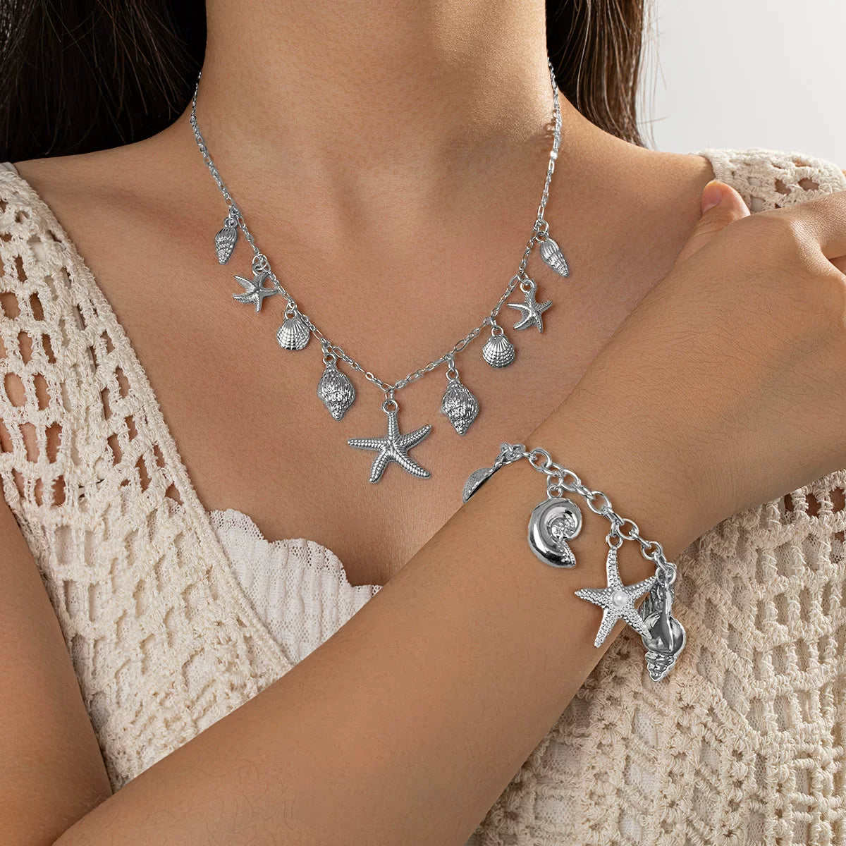 Ocean Starfish Shell Scallop Mermaid Fringe Adjustable Bracelet | Alloy | Coastal Beach Vacation | Holiday Fashion Women