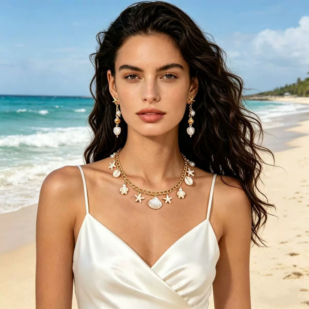 Ocean Starfish Pearl Shell Earrings Necklace Set | Alloy | Summer Beach Vacation Coastal | Holiday Fashion Women