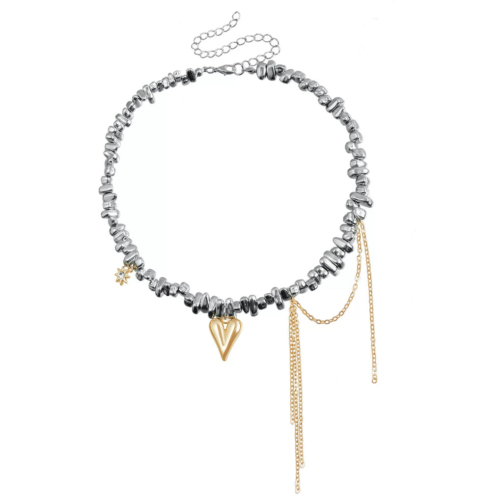 Mixed Elements alloy heart Fringe Beaded Collarbone Chain Necklace | Mixed Metal Zinc Alloy Multi-material | INS Niche Design Sense | Fashion Light Luxury Women