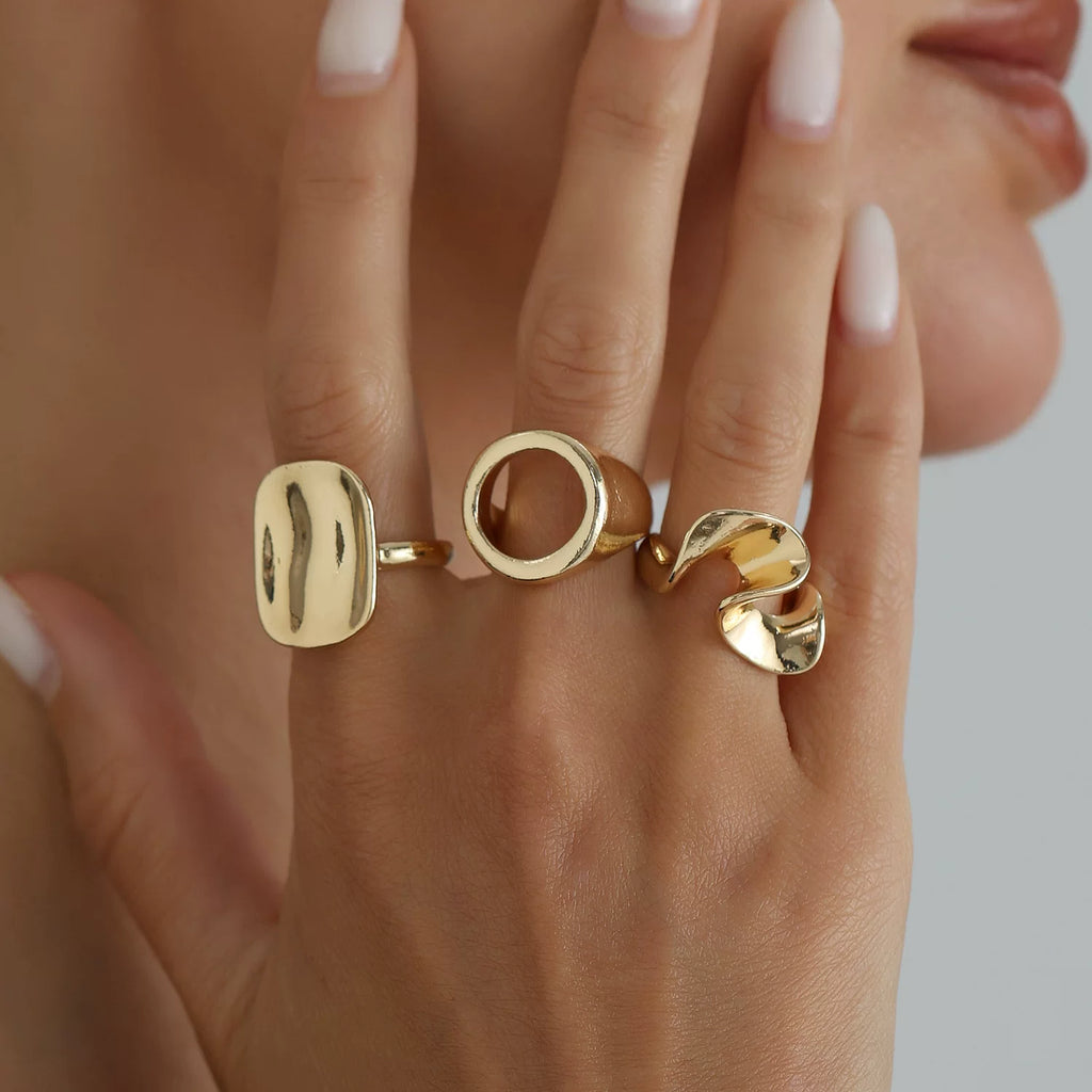 Sculptural Irregular Hollow Geometric Alloy gold Ring Set Stackable Vintage Design Versatile Ring cold tone metal ring
