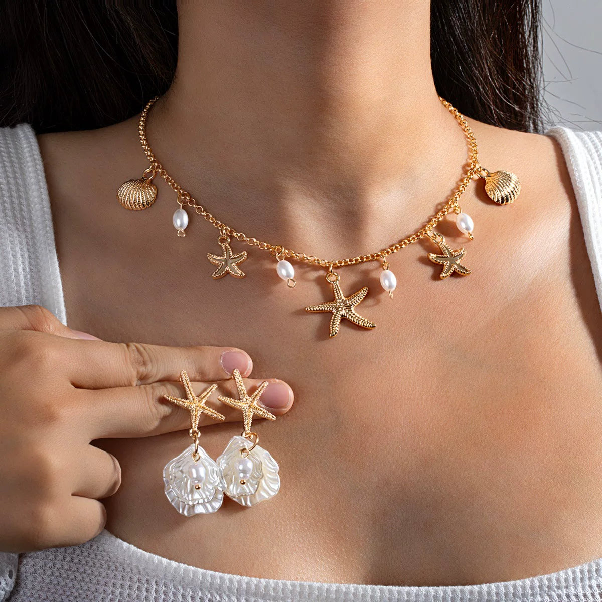 Ocean Starfish Pearl Shell Earrings Necklace Set | Alloy | Summer Beach Vacation Coastal | Holiday Fashion Women