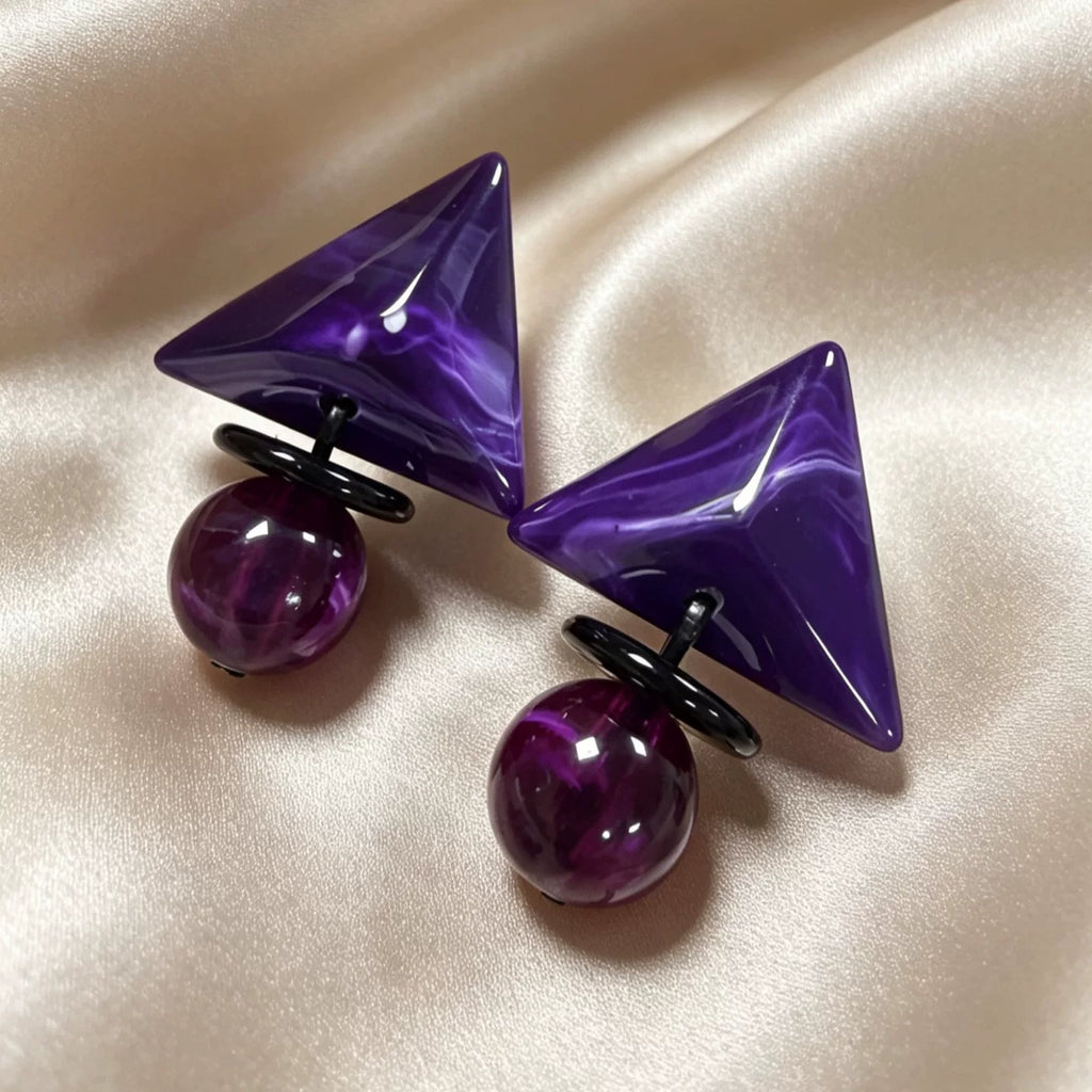 Vintage purple smudge three-dimensional pyramid resin waterproof stud earrings silver needle bold oversized statement earrings workplace commuter vacation effortless fashion