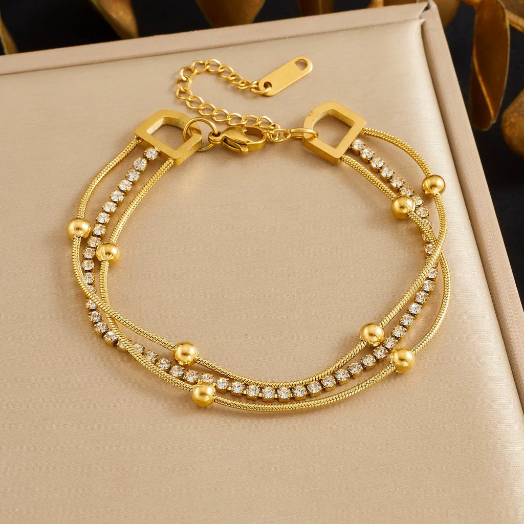 Mixed Elements Full Diamond Snake Chain Multi-layer Stacking Splicing Bracelet | 18K Gold Stainless Steel | Old Money High-End Multi-material | Jewelry Women