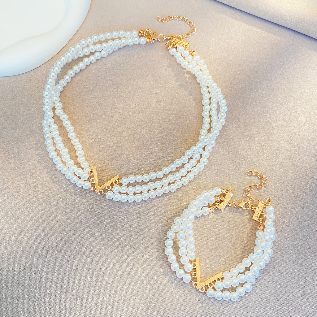 ZAMA DUMA multi-layer pearl jewelry set women's wild raw style creative design V-collar bracelet necklace earrings