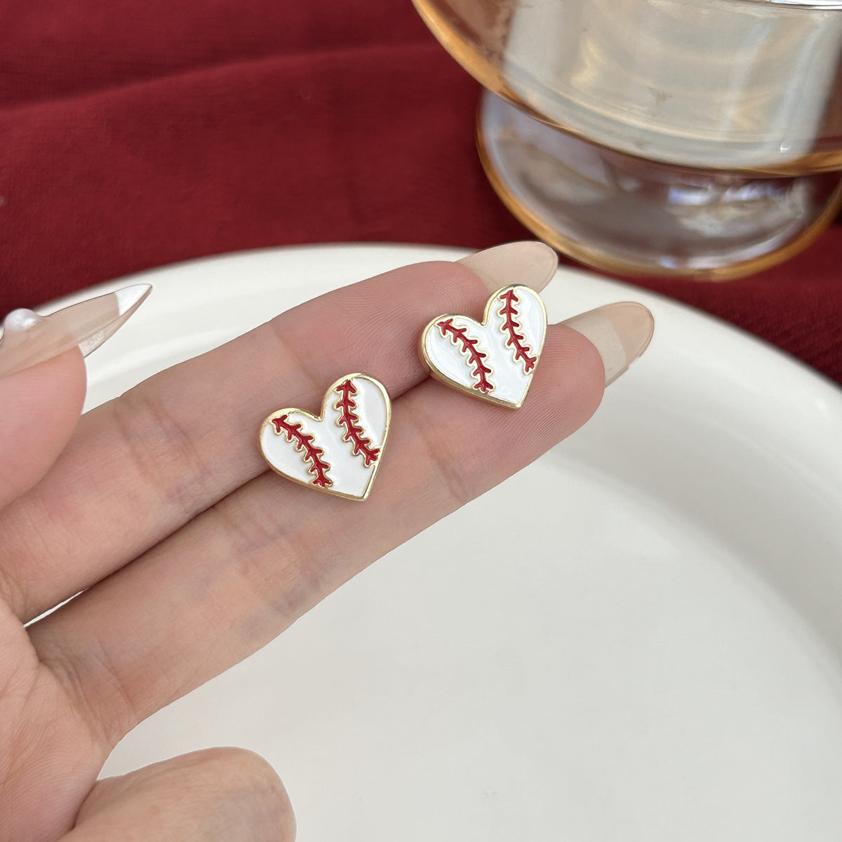 ZAMA DUMA sports competition baseball elements bow love long tassel red stripe creative design trend earrings