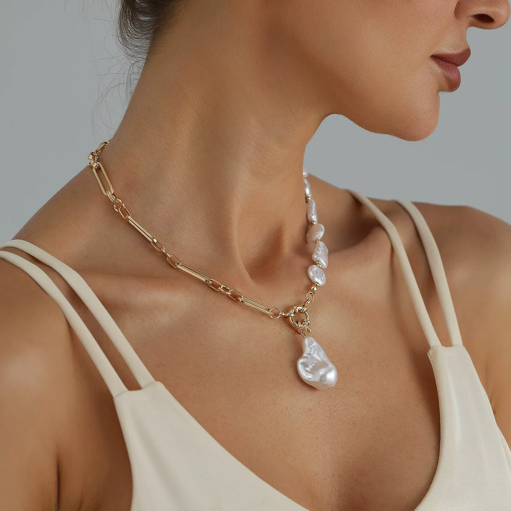 Vintage irregular baroque pearl accented metal necklace, long chain with ring clasp minimalist elegance, light luxury, personalized necklace, commuter vacation everyday style