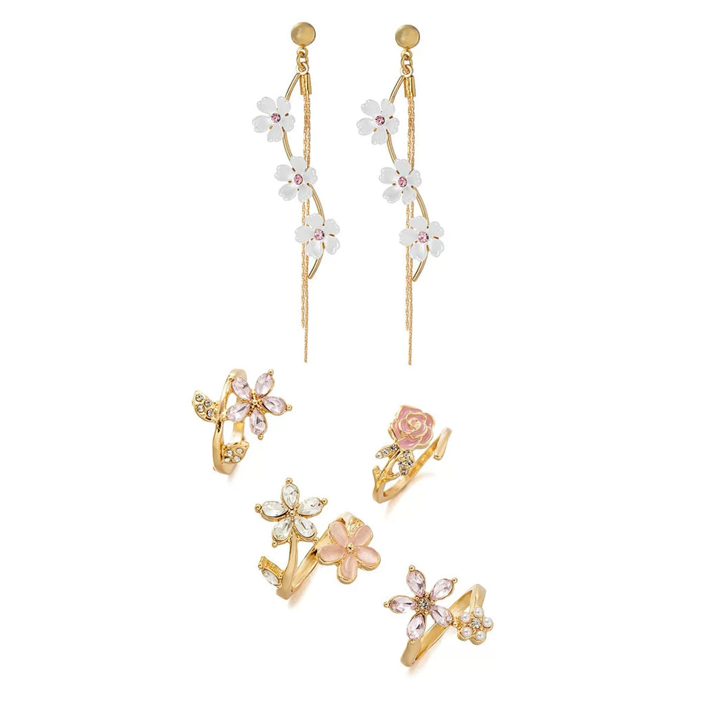 Easyjoy Fresh Wind ABS Imitation Pearl Cute Flower Long Tassel Ladies Commuter Temperament Elegant Earrings Ring