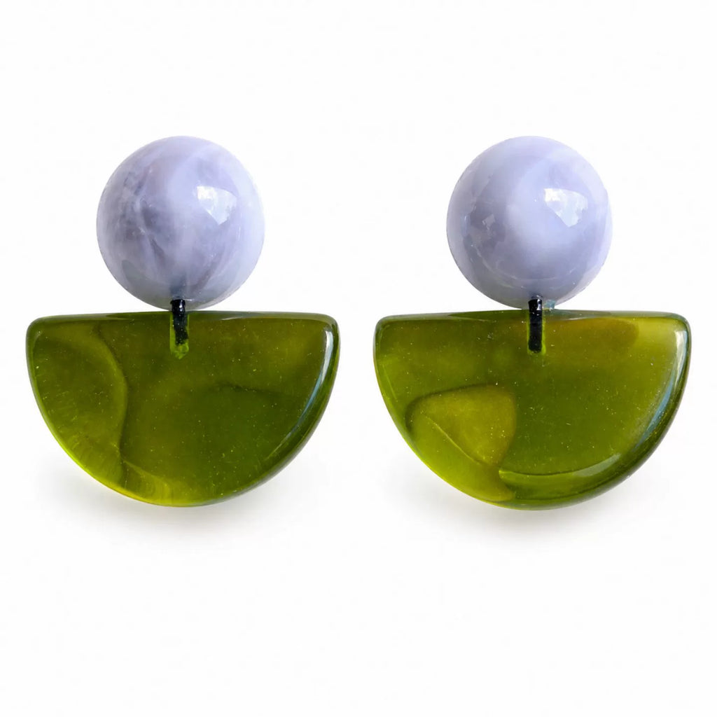 Vintage geometric semicircle green round stud earrings resin waterproof curved earrings bold glossy statement oversized daily wear vacation jewelry