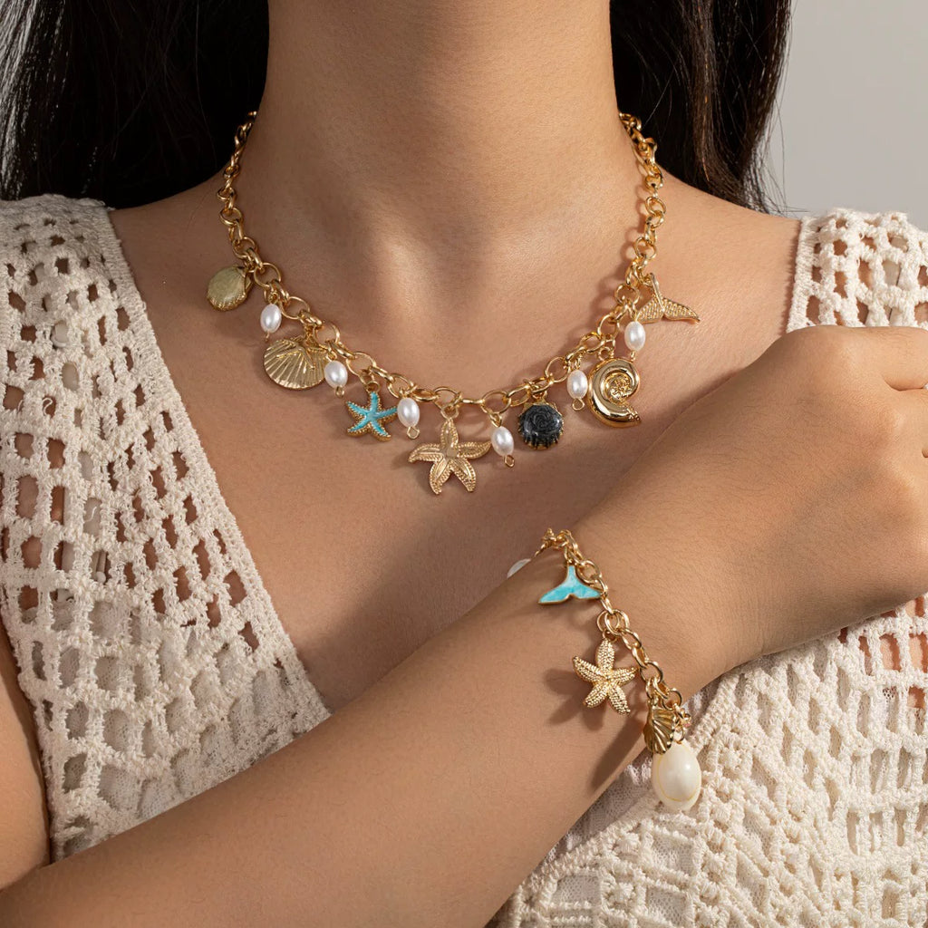 Ocean Starfish Shell Mermaid Tail Pendant Necklace | Enamel Zinc Alloy | Multi pendants Stackable Mix match | Coastal Beach Vacation Holiday Summer vibe | French Chic Fashion Gift  For her