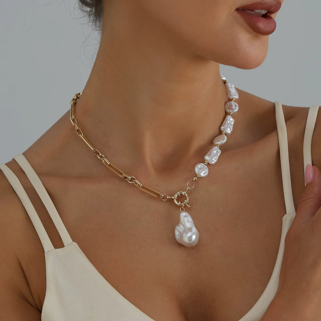 Vintage irregular baroque pearl accented metal necklace, long chain with ring clasp minimalist elegance, light luxury, personalized necklace, commuter vacation everyday style
