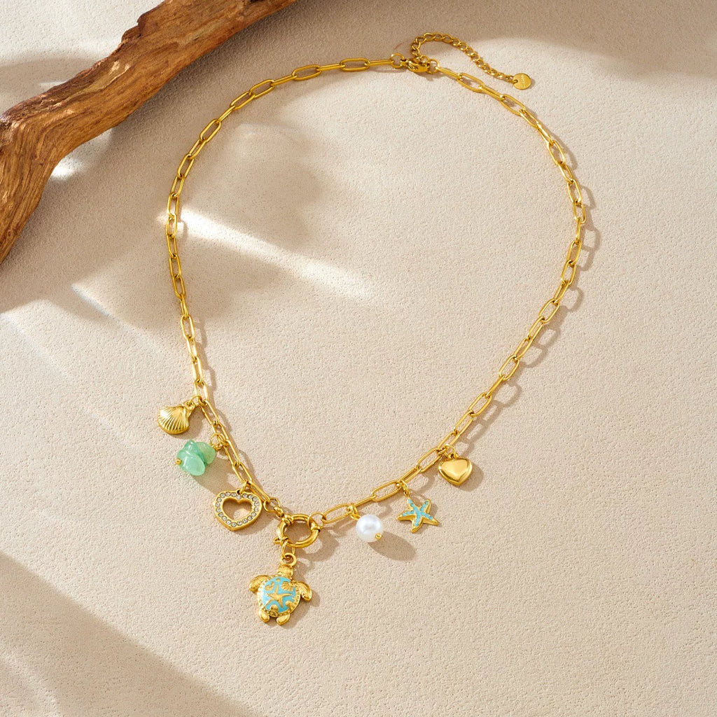 Ocean Enamel Turtle Starfish Scallop Pendant Necklace | 18K Gold Stainless Steel Waterproof tarnish free | Coastal Beach vacation Holiday | Effortless style  French chic