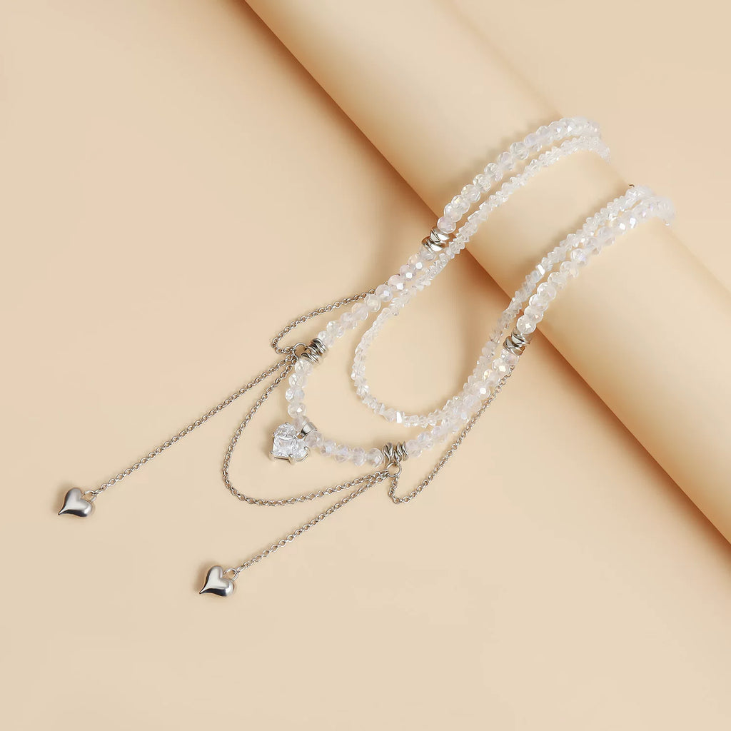 Mixed Elements metal heart pendant Zircon CZ Double Chain Tassel Necklace | Gold Alloy | INS Light Luxury Premium Multi-material | Collarbone Chain Women