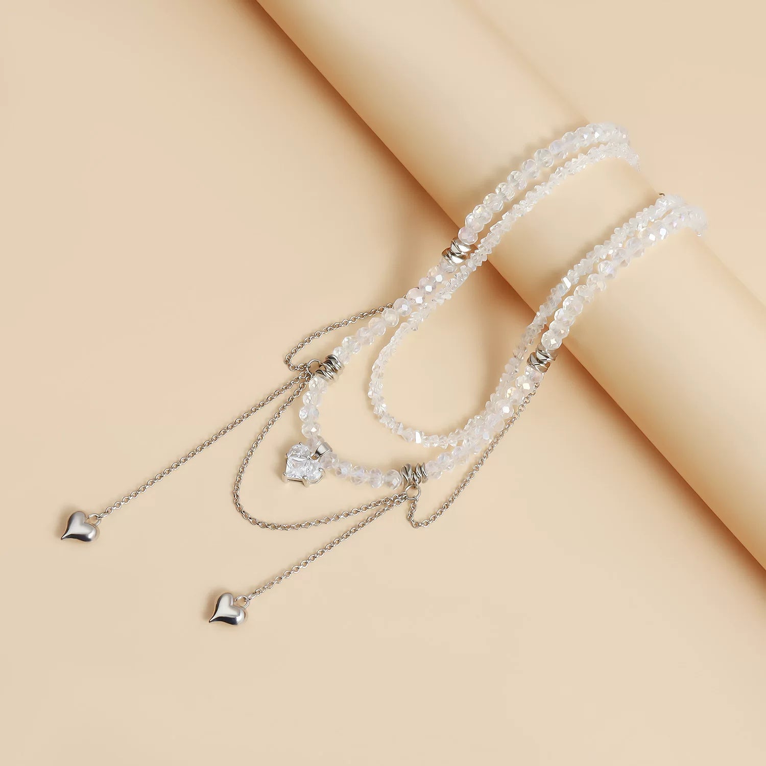 Mixed Elements metal heart pendant Zircon CZ Double Chain Tassel Necklace | Gold Alloy | INS Light Luxury Premium Multi-material | Collarbone Chain Women