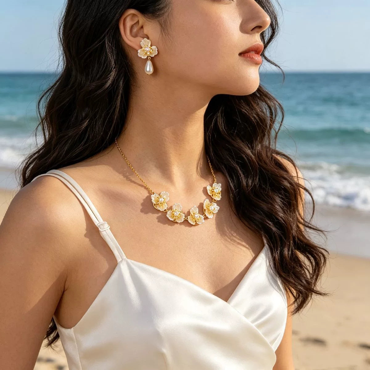 Ocean Starfish Pearl Shell Earrings Necklace Set | Alloy | Summer Beach Vacation Coastal | Holiday Fashion Women