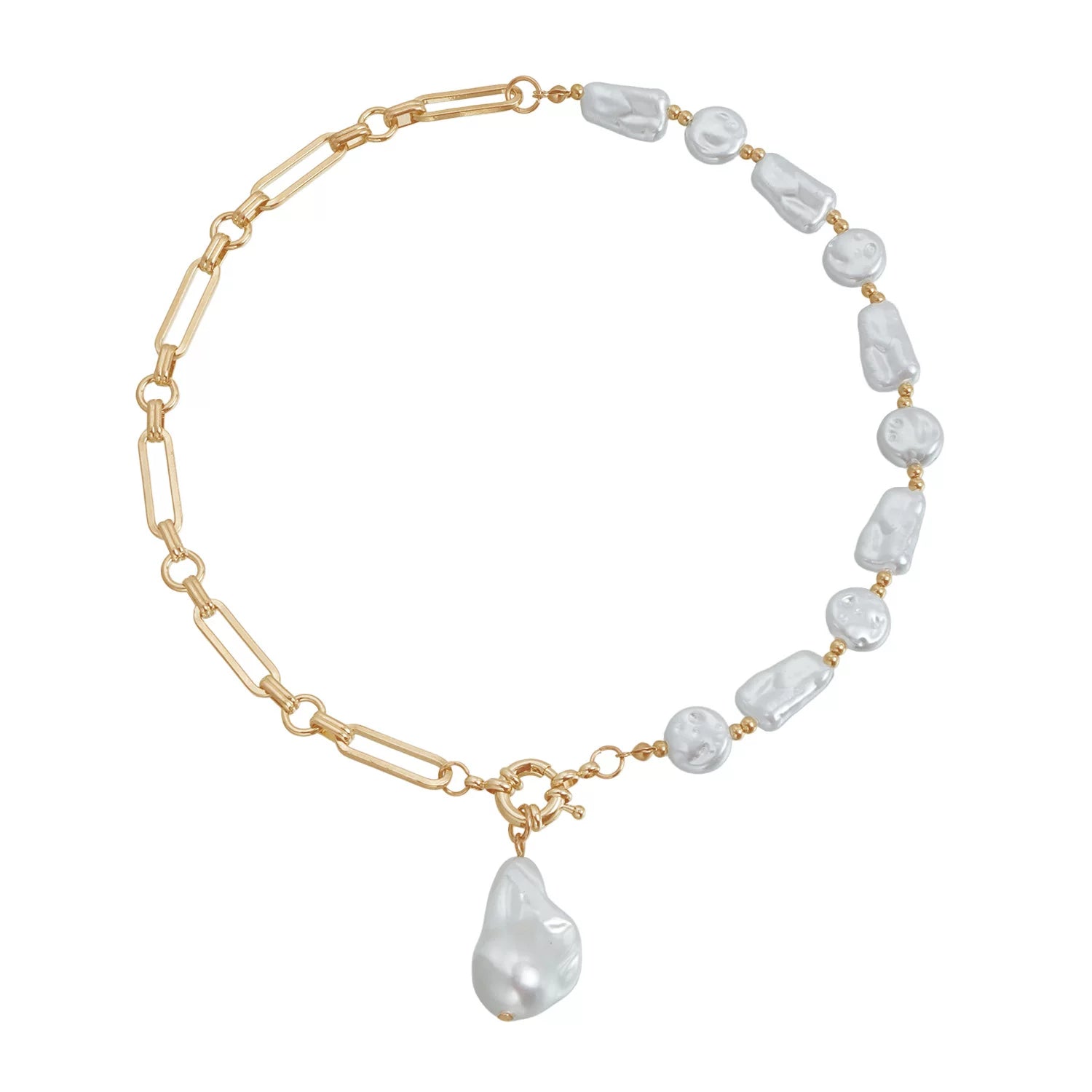 Vintage irregular baroque pearl accented metal necklace, long chain with ring clasp minimalist elegance, light luxury, personalized necklace, commuter vacation everyday style