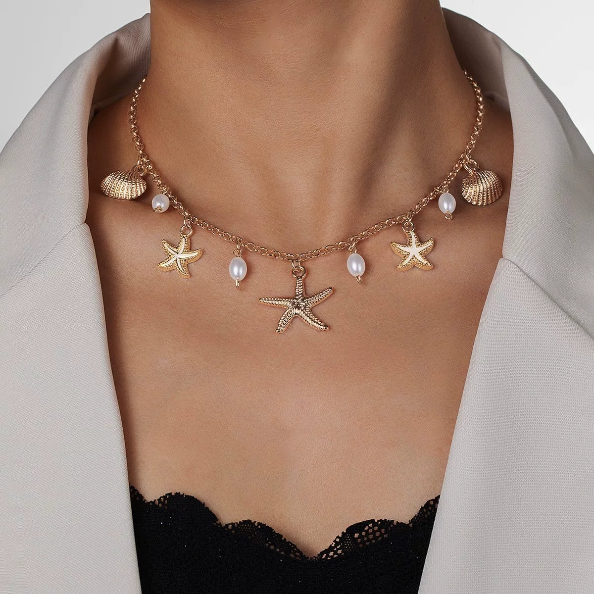 Ocean Starfish Pearl Shell Earrings Necklace Set | Alloy | Summer Beach Vacation Coastal | Holiday Fashion Women