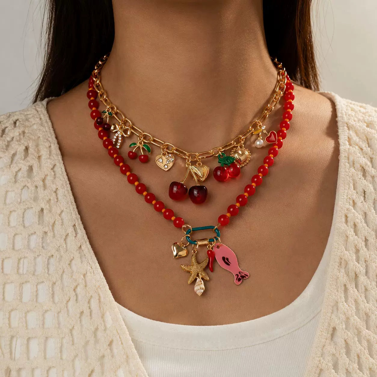 Vibrant Enamel Layered Marine life Multi Pendant Beaded Layered Ocean Necklace | Colorful Mixed tone zinc Alloy | Retro Niche Light Luxury| Collarbone Stackable Chain French chic Raw Dopamine | Gift for her