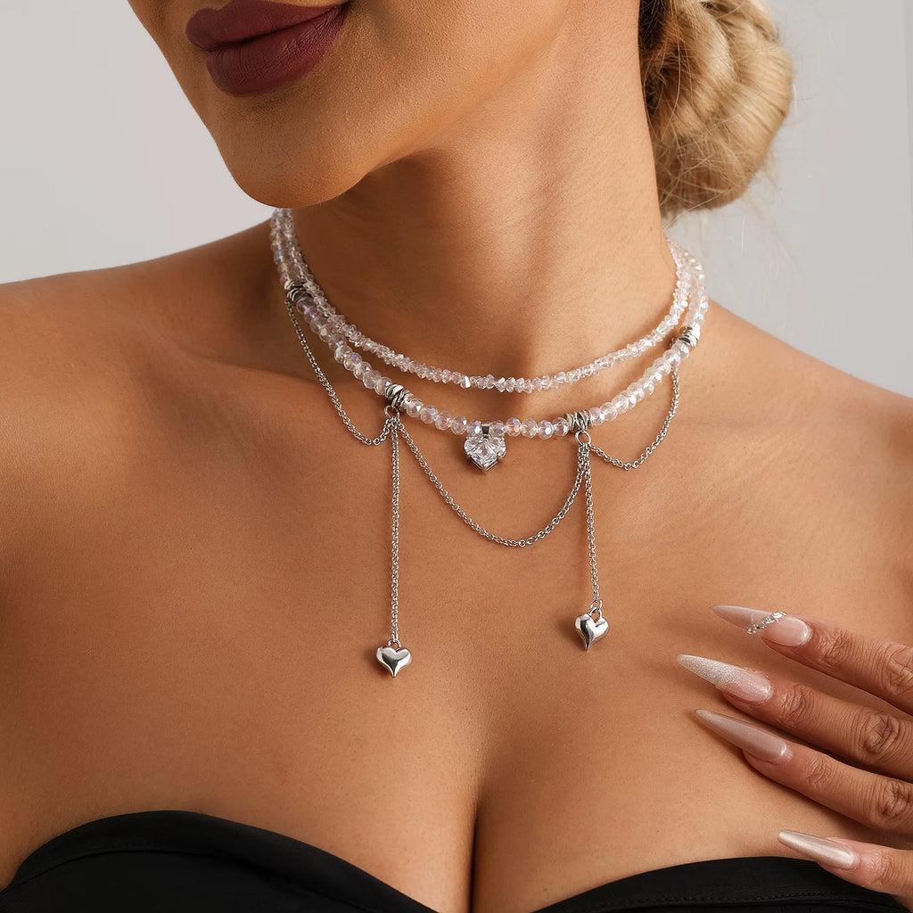 Mixed Elements metal heart pendant Zircon CZ Double Chain Tassel Necklace | Gold Alloy | INS Light Luxury Premium Multi-material | Collarbone Chain Women