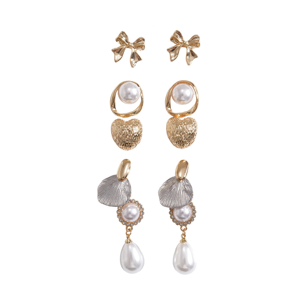 ZAMA DUMA ten-piece set retro pearl metal pleated bow silver needle earrings cross-border niche personalized fashion earrings
