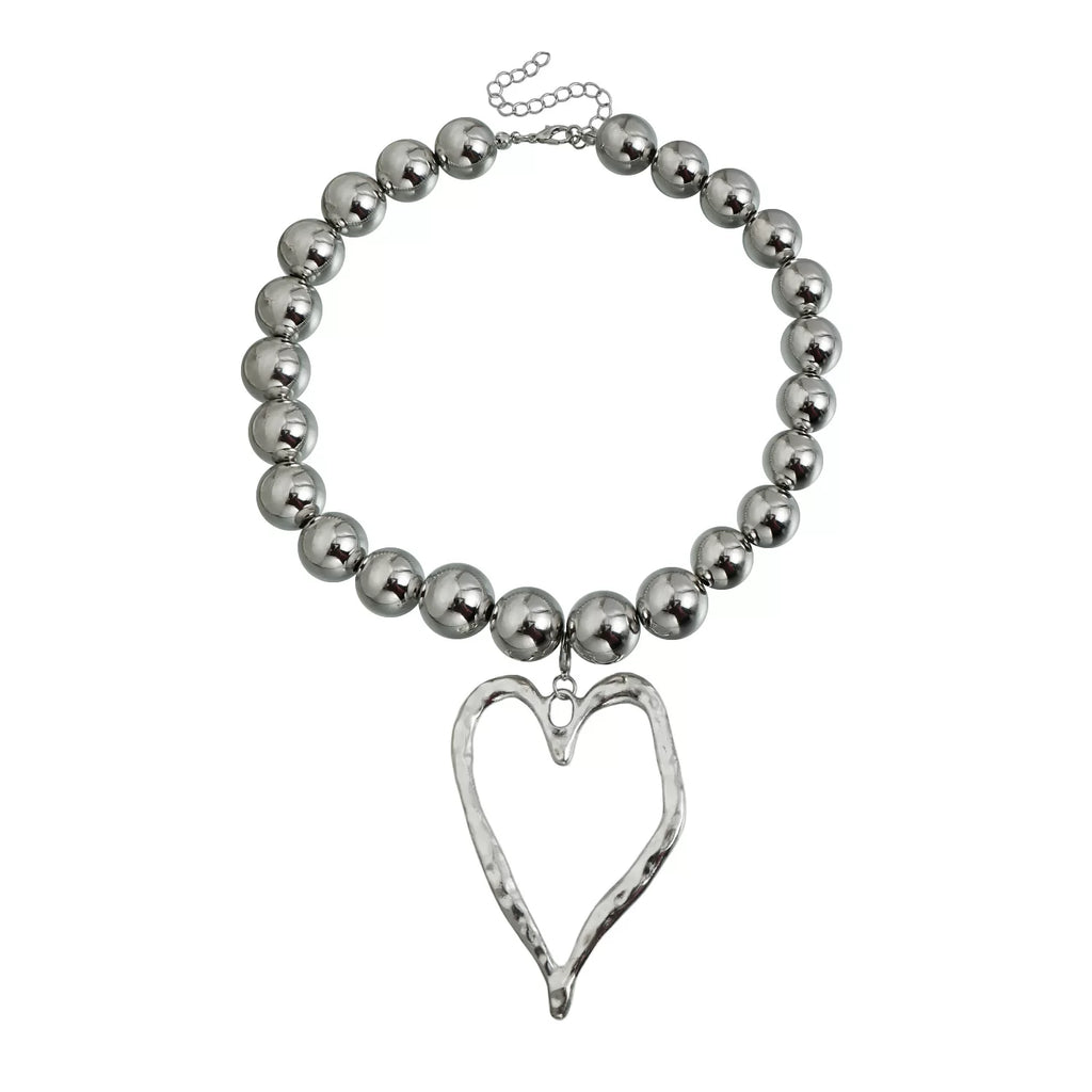large oversized Metal Beads Alloy Big Love Pendant Necklace Silver Metal cool tone sculptural Versatile Daily bold statement jewelry
