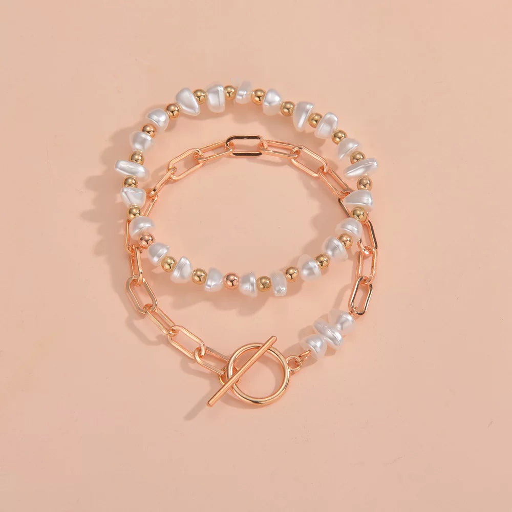 Pearl Irregular OT Chain Elastic Bracelet 2-piece Set | Gold Alloy | Old Money Vacation Daily | Commuter Light Luxury Women