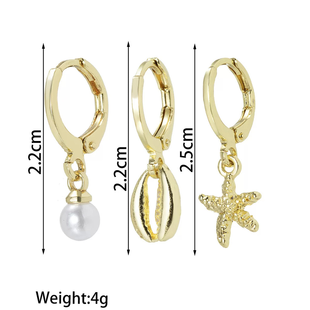 Ocean Pearl Starfish Shell Earrings Multi-piece Set | Alloy Silver Needle | Coastal Holiday Vacation | Beach Fashion Women