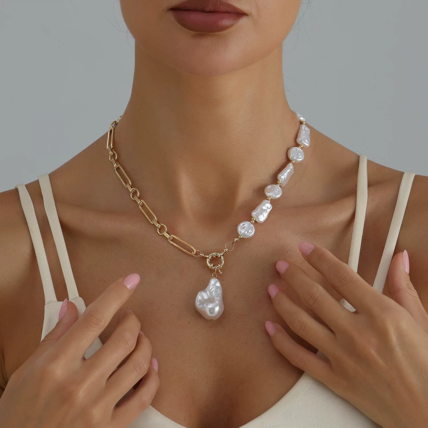 Vintage irregular baroque pearl accented metal necklace, long chain with ring clasp minimalist elegance, light luxury, personalized necklace, commuter vacation everyday style