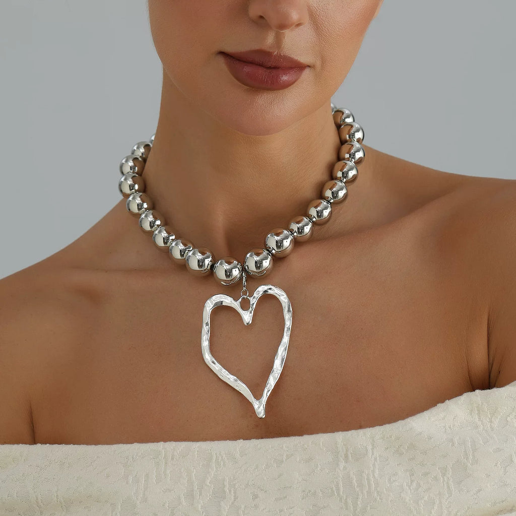 large oversized Metal Beads Alloy Big Love Pendant Necklace Silver Metal cool tone sculptural Versatile Daily bold statement jewelry