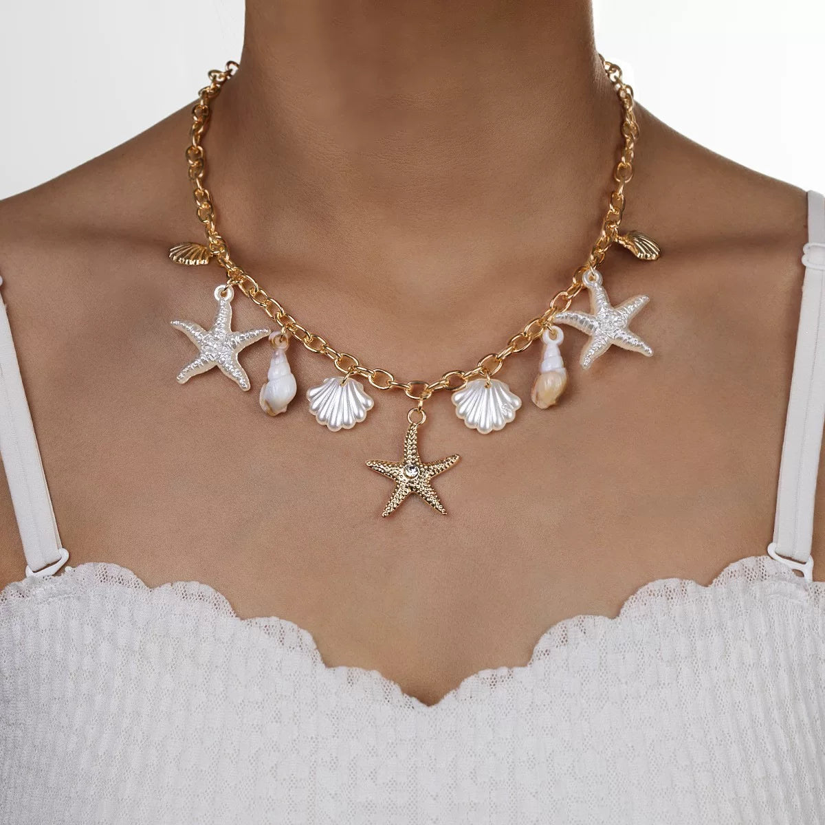 Ocean Starfish Pearl Shell Earrings Necklace Set | Alloy | Summer Beach Vacation Coastal | Holiday Fashion Women