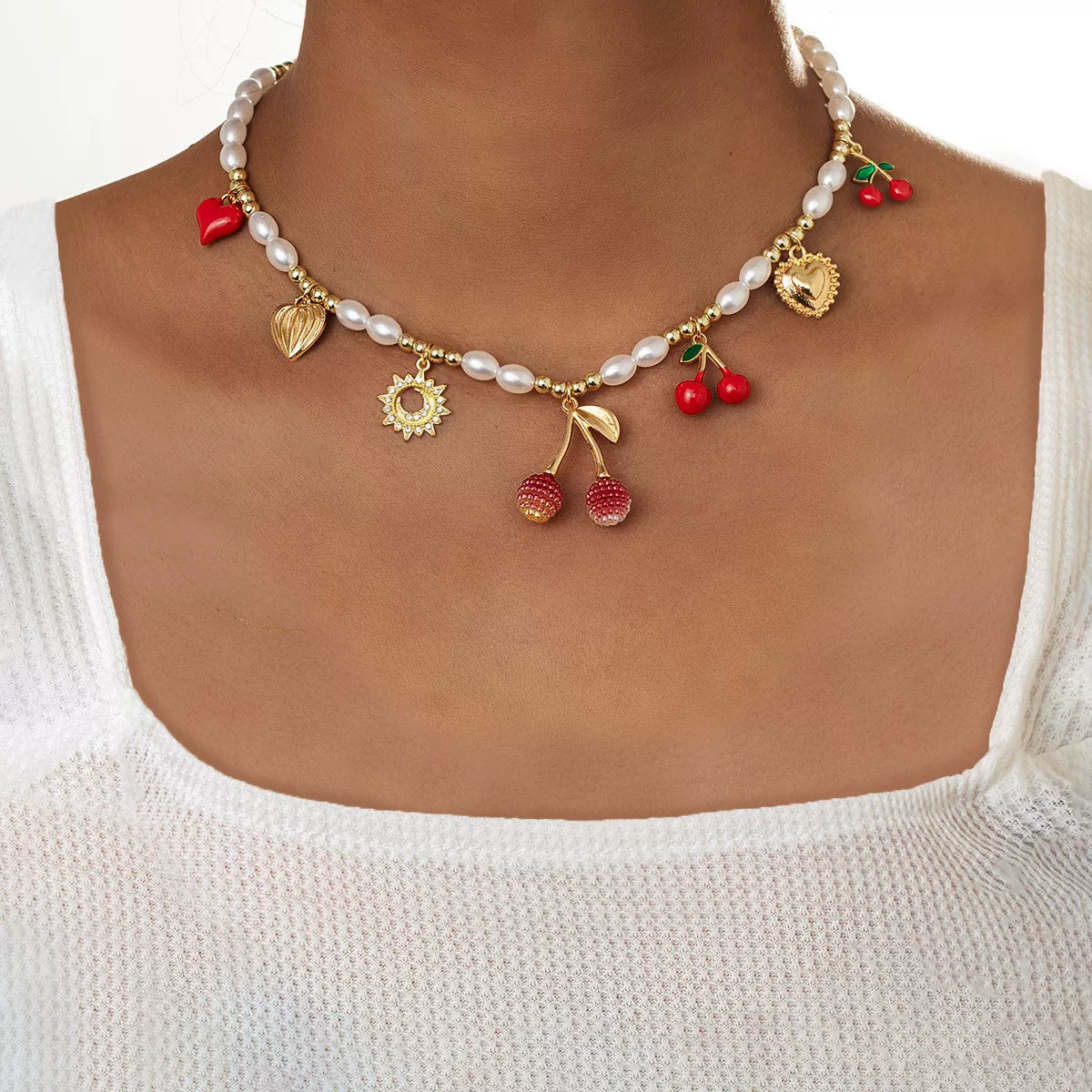 Mixed Elements Cherry Heart multi Pendant Bracelet Necklace Set | Alloy mix pearl | Raw Dopamine| Multi-material | Versatile Women