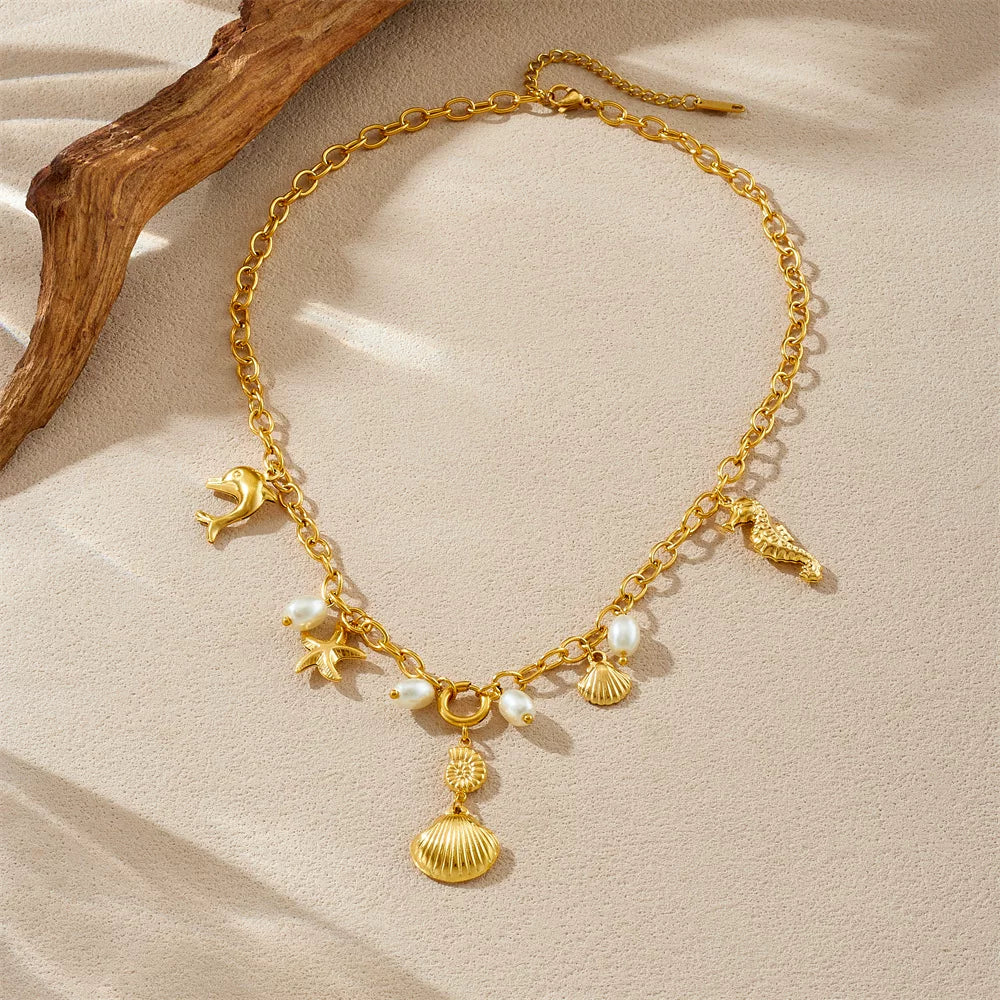 Ocean Gold Starfish Seahorse Shell Design Necklace | French chic |Stainless Steel Tarnish Free Chain | Coastal Niche | Waterproof necklace | Stackable Beach Vacation Summer