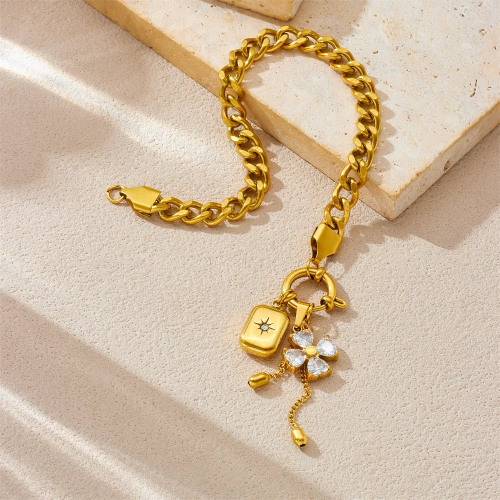 Diamond Flower Mango Star Square Pendant Fringe Chain Jewelry Set | Stainless Steel | Sweet Cool Niche | Fashion Women