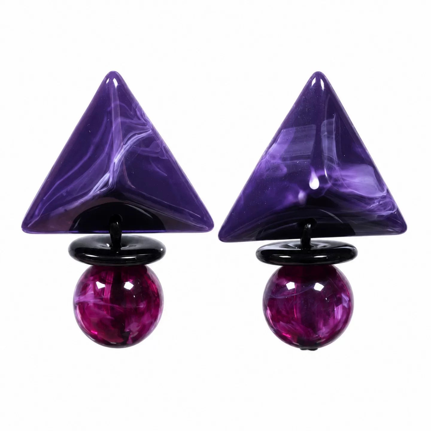 Vintage purple smudge three-dimensional pyramid resin waterproof stud earrings silver needle bold oversized statement earrings workplace commuter vacation effortless fashion