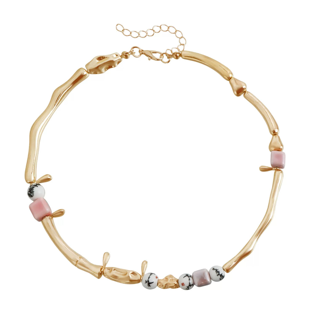 Sculptural Organic Branch Metal Elbow joint Chain Necklace Ink Color Ceramic Square Splicing Minimalist Elegance Light Luxury Clavicle Chain